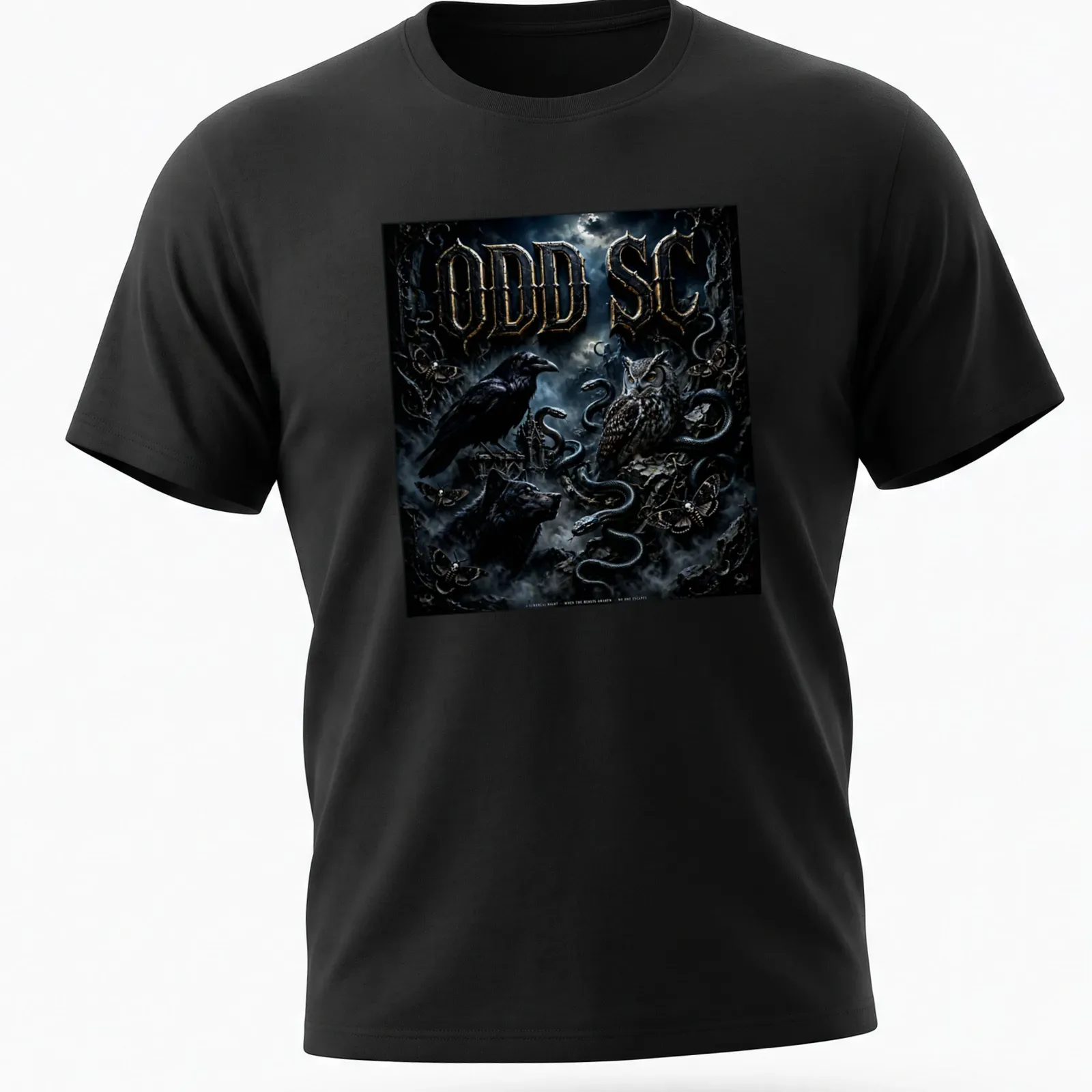 Dark fantasy design featuring crow, owl, wolf, and snakes with odd lettering. — printed on a unisex t-shirt