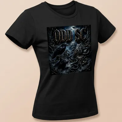 Dark fantasy design featuring crow, owl, wolf, and snakes with odd lettering. — printed on a women's shirt