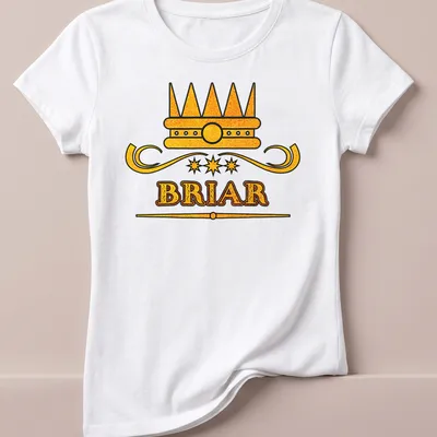 Custom t-shirt featuring the name Briar above a bold crown graphic in gold and black. — printed on a women's shirt