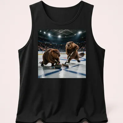 Realistic print of two curling beavers with animated expressions and sport equipment — printed on a tank top