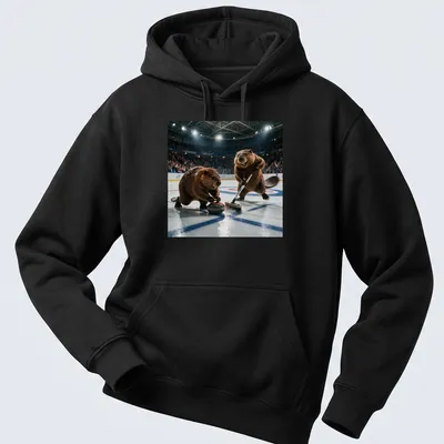 Realistic print of two curling beavers with animated expressions and sport equipment — printed on a unisex hoodie
