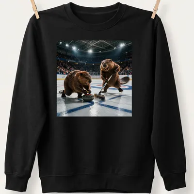 Realistic print of two curling beavers with animated expressions and sport equipment — printed on a unisex sweatshirt