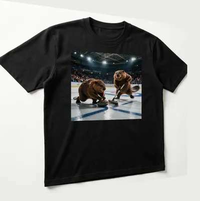 Realistic print of two curling beavers with animated expressions and sport equipment — printed on a unisex t-shirt (angled view)