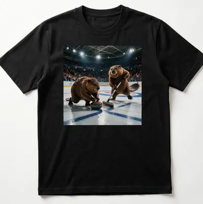 Realistic print of two curling beavers with animated expressions and sport equipment — printed on a unisex t-shirt
