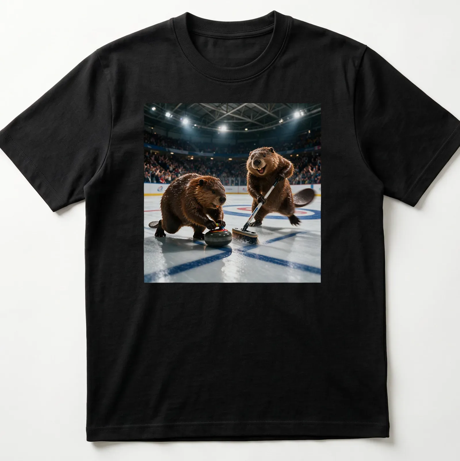 Realistic print of two curling beavers with animated expressions and sport equipment — printed on a unisex t-shirt