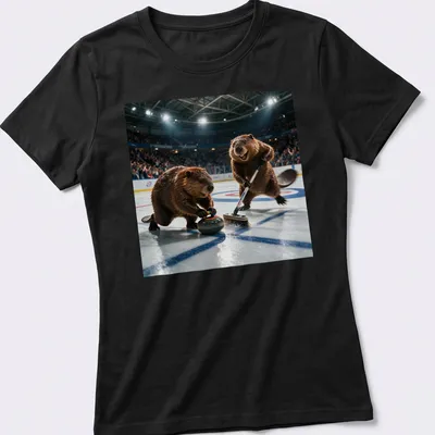 Realistic print of two curling beavers with animated expressions and sport equipment — printed on a women's shirt