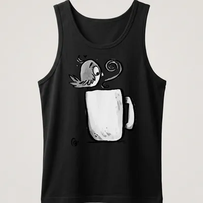 Kawaii line-art t-shirt featuring a cute bird and the phrase Early Bird Gets The Coffee — printed on a tank top