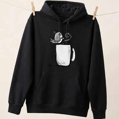 Kawaii line-art t-shirt featuring a cute bird and the phrase Early Bird Gets The Coffee — printed on a unisex hoodie