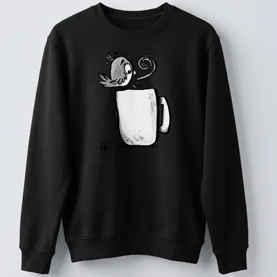 Kawaii line-art t-shirt featuring a cute bird and the phrase Early Bird Gets The Coffee — printed on a unisex sweatshirt