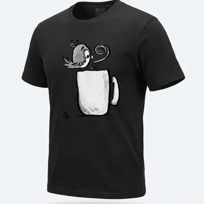 Kawaii line-art t-shirt featuring a cute bird and the phrase Early Bird Gets The Coffee
