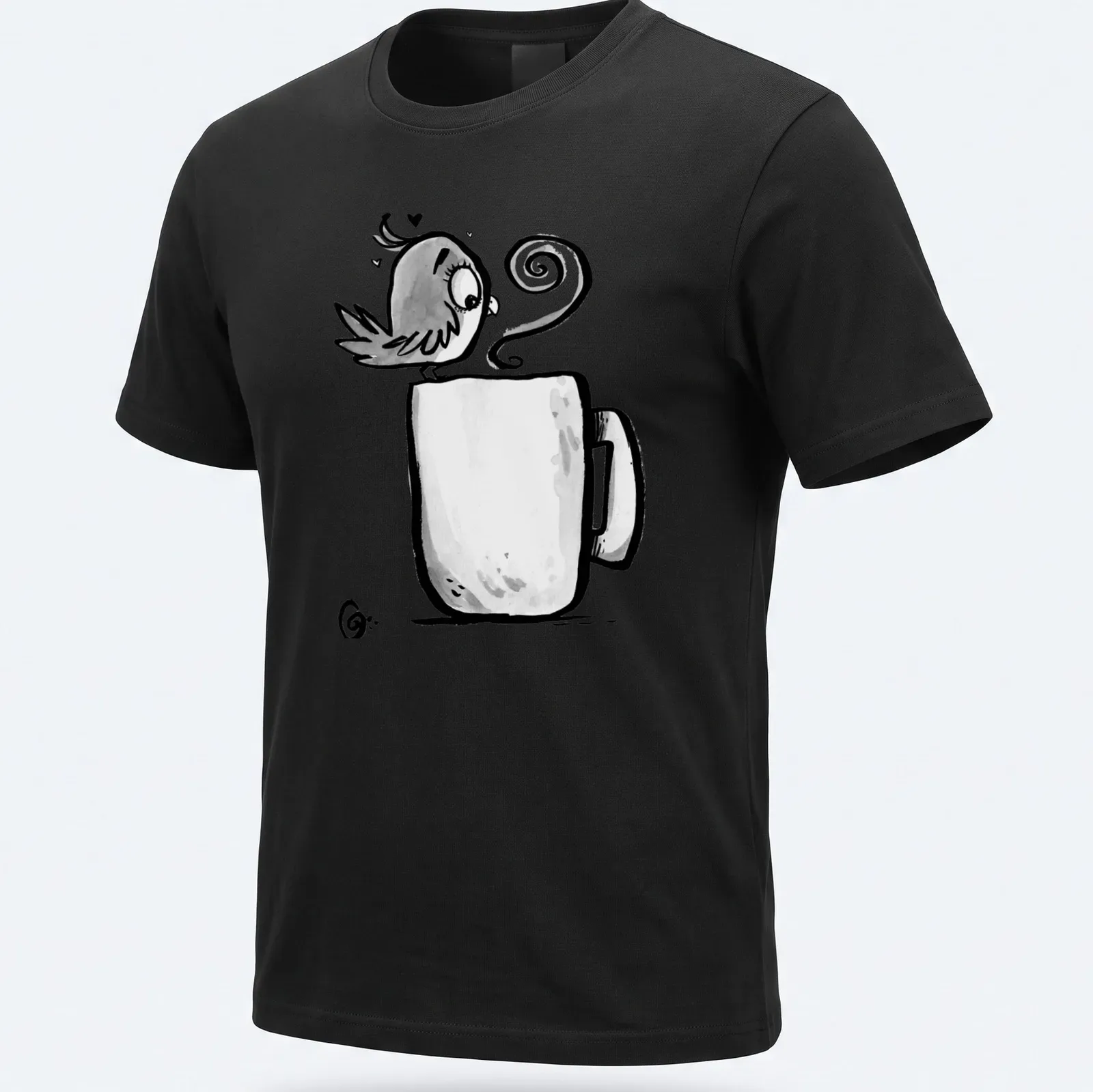 Kawaii line-art t-shirt featuring a cute bird and the phrase Early Bird Gets The Coffee — printed on a unisex t-shirt