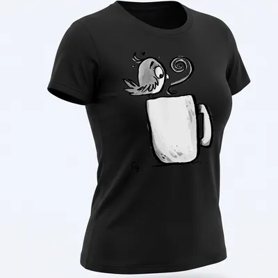 Kawaii line-art t-shirt featuring a cute bird and the phrase Early Bird Gets The Coffee — printed on a women's shirt