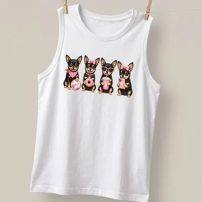 Kawaii illustration of a Black and Tan Chihuahua in pink accessories — printed on a tank top