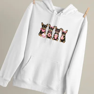 Kawaii illustration of a Black and Tan Chihuahua in pink accessories — printed on a unisex hoodie