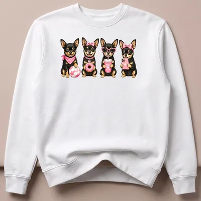 Kawaii illustration of a Black and Tan Chihuahua in pink accessories — printed on a unisex sweatshirt