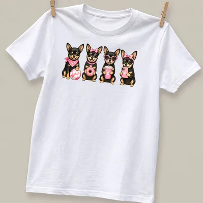 Kawaii illustration of a Black and Tan Chihuahua in pink accessories