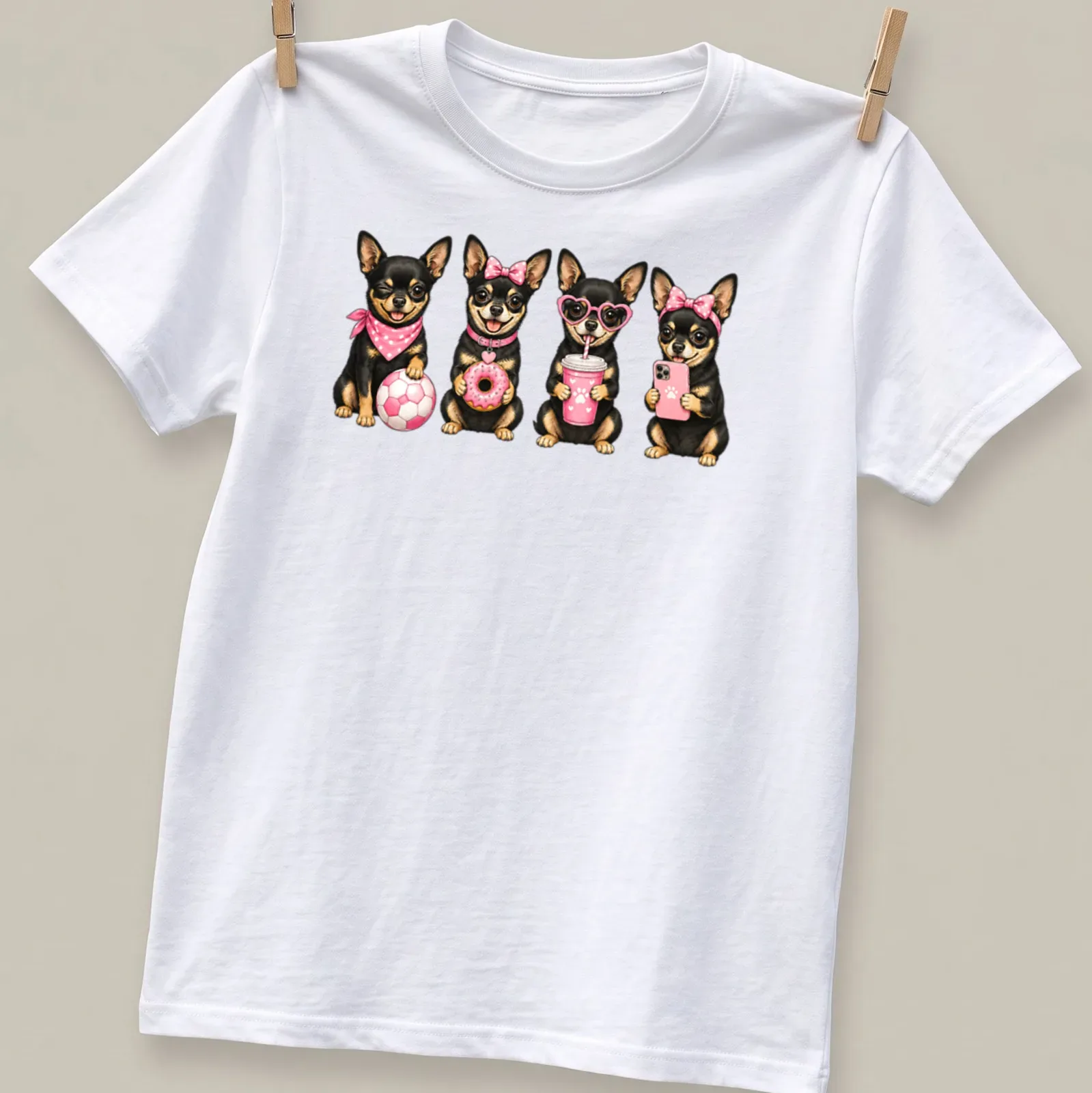 Kawaii illustration of a Black and Tan Chihuahua in pink accessories — printed on a unisex t-shirt