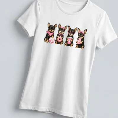 Kawaii illustration of a Black and Tan Chihuahua in pink accessories — printed on a women's shirt