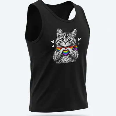 Detailed line-art of a cute cat making a heart with its paws in rainbow colors — printed on a tank top