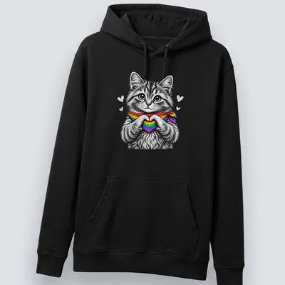Detailed line-art of a cute cat making a heart with its paws in rainbow colors — printed on a unisex hoodie