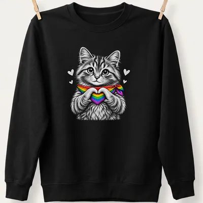 Detailed line-art of a cute cat making a heart with its paws in rainbow colors — printed on a unisex sweatshirt