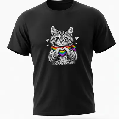 Detailed line-art of a cute cat making a heart with its paws in rainbow colors