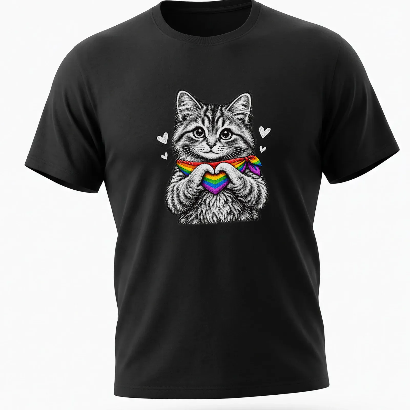 Detailed line-art of a cute cat making a heart with its paws in rainbow colors — printed on a unisex t-shirt