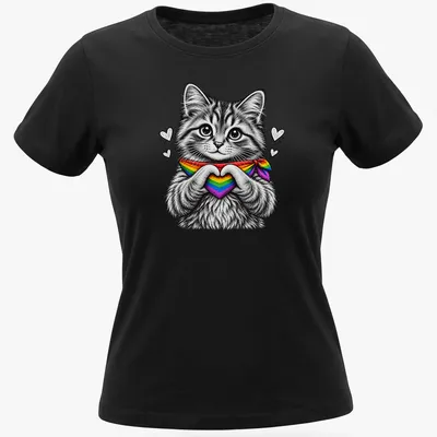 Detailed line-art of a cute cat making a heart with its paws in rainbow colors — printed on a women's shirt
