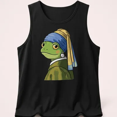 Cartoon frog inspired by Vermeer, styled with vibrant colors and a playful expression — printed on a tank top