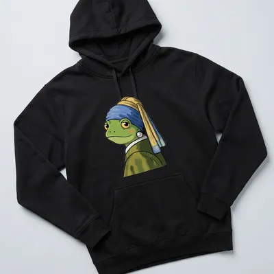 Cartoon frog inspired by Vermeer, styled with vibrant colors and a playful expression — printed on a unisex hoodie