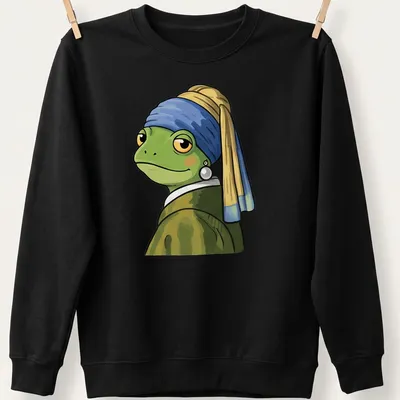 Cartoon frog inspired by Vermeer, styled with vibrant colors and a playful expression — printed on a unisex sweatshirt