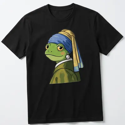 Cartoon frog inspired by Vermeer, styled with vibrant colors and a playful expression