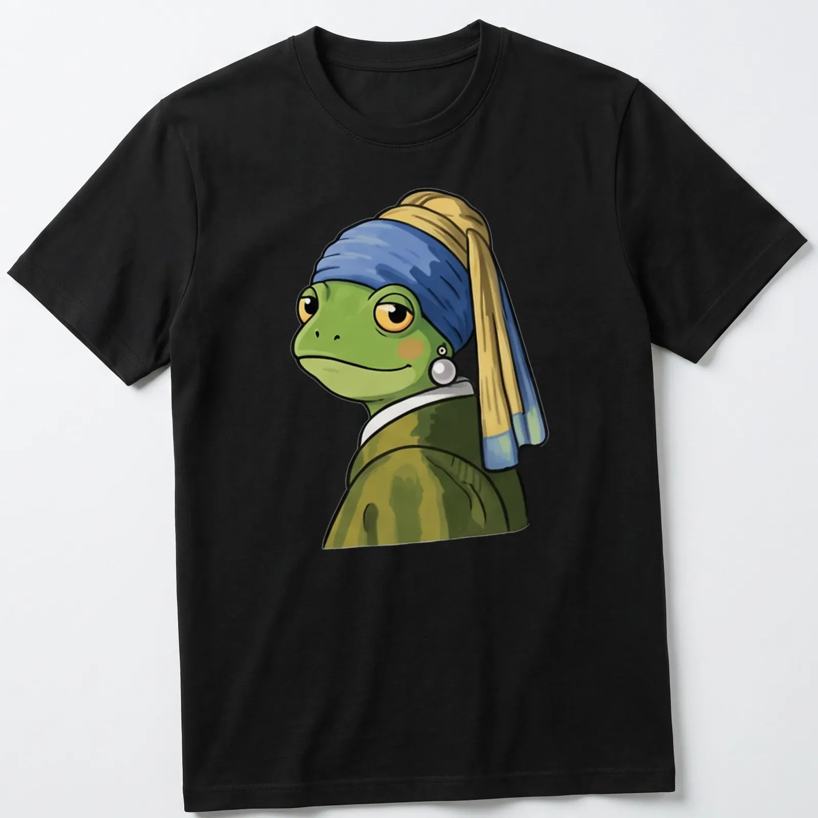 Cartoon frog inspired by Vermeer, styled with vibrant colors and a playful expression — printed on a unisex t-shirt