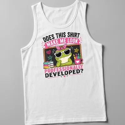 Cartoon frog with sunglasses and humorous text about professionalism — printed on a tank top