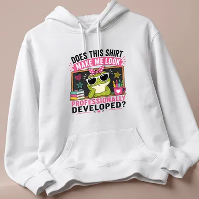Cartoon frog with sunglasses and humorous text about professionalism — printed on a unisex hoodie