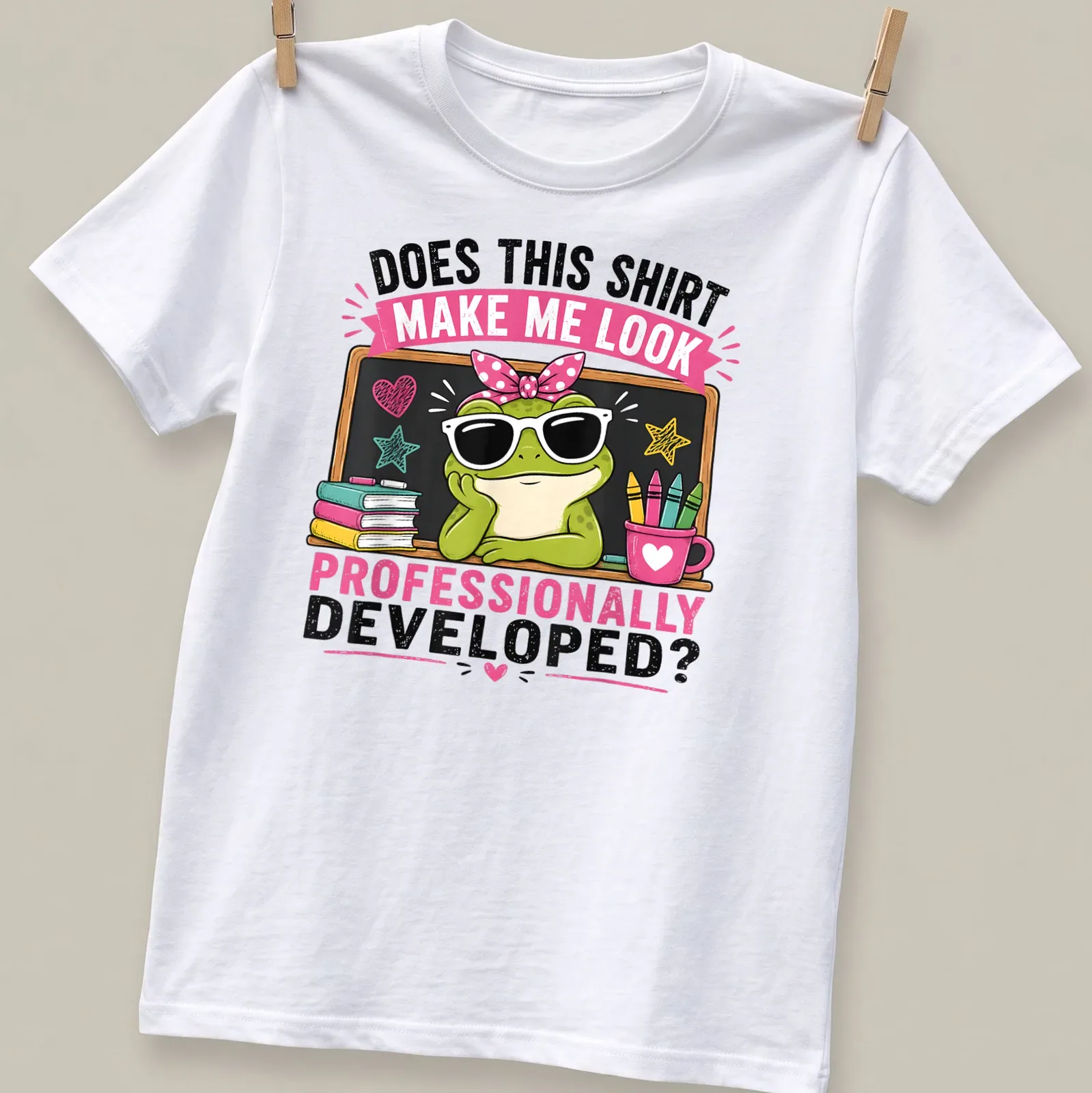 Cartoon frog with sunglasses and humorous text about professionalism — printed on a unisex t-shirt
