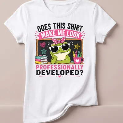 Cartoon frog with sunglasses and humorous text about professionalism — printed on a women's shirt
