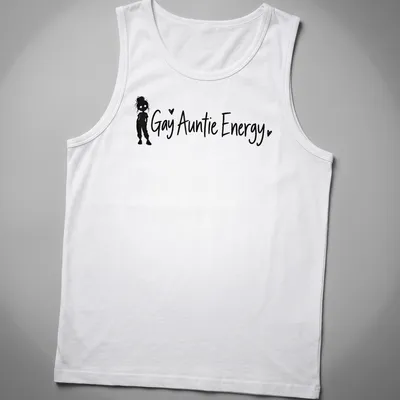 Playful typography t-shirt featuring Gay Auntie Energy with a girl silhouette — printed on a tank top