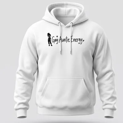 Playful typography t-shirt featuring Gay Auntie Energy with a girl silhouette — printed on a unisex hoodie