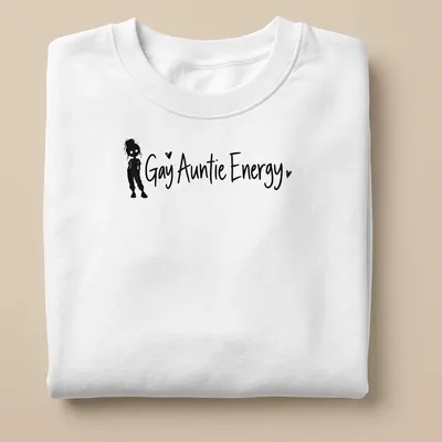 Playful typography t-shirt featuring Gay Auntie Energy with a girl silhouette — printed on a unisex sweatshirt