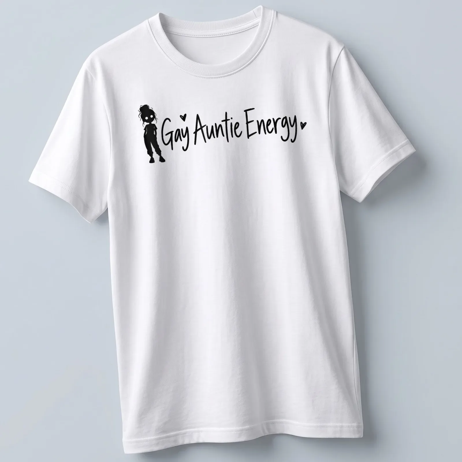 Playful typography t-shirt featuring Gay Auntie Energy with a girl silhouette — printed on a unisex t-shirt