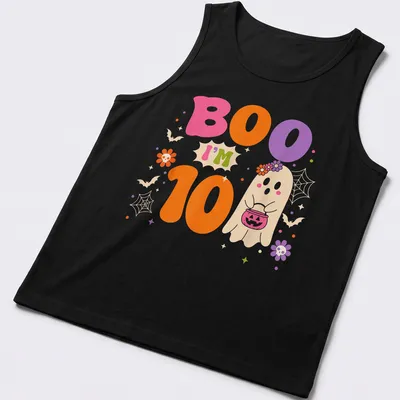 Cute, colorful ghost design with text: Boo I'm 10, celebrating a birthday. — printed on a tank top