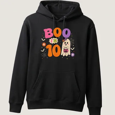 Cute, colorful ghost design with text: Boo I'm 10, celebrating a birthday. — printed on a unisex hoodie