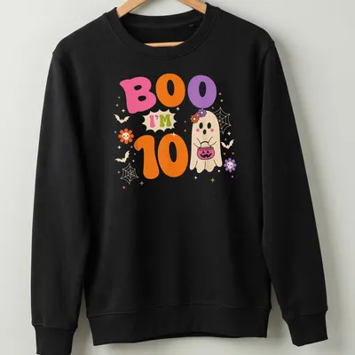 Cute, colorful ghost design with text: Boo I'm 10, celebrating a birthday. — printed on a unisex sweatshirt