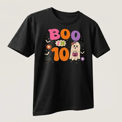 Cute, colorful ghost design with text: Boo I'm 10, celebrating a birthday. — printed on a unisex t-shirt (angled view)