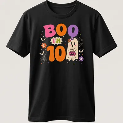 Cute, colorful ghost design with text: Boo I'm 10, celebrating a birthday.