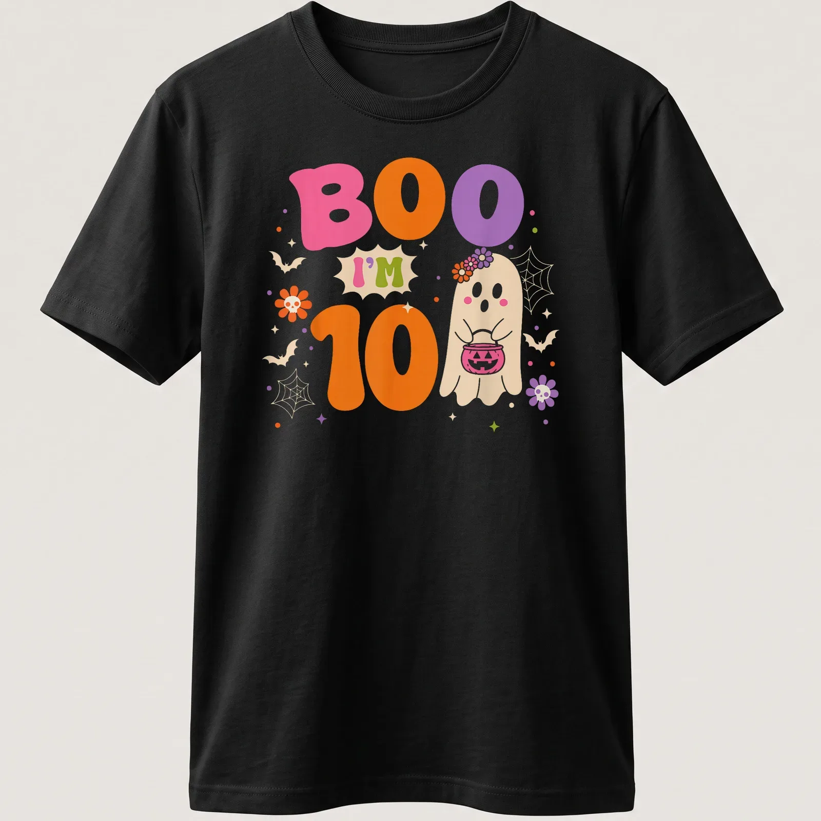 Cute, colorful ghost design with text: Boo I'm 10, celebrating a birthday. — printed on a unisex t-shirt