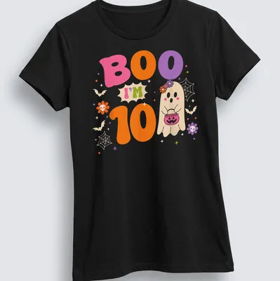 Cute, colorful ghost design with text: Boo I'm 10, celebrating a birthday. — printed on a women's shirt