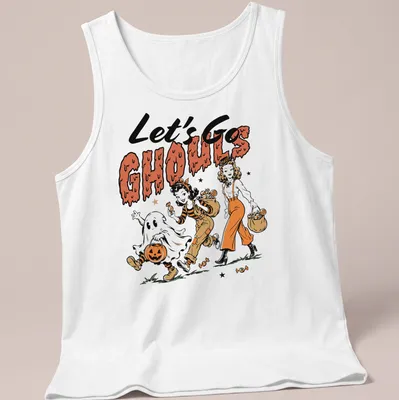 Vintage cartoon style t-shirt featuring cute Halloween girls and a ghost with the text Let's Go Ghouls — printed on a tank top