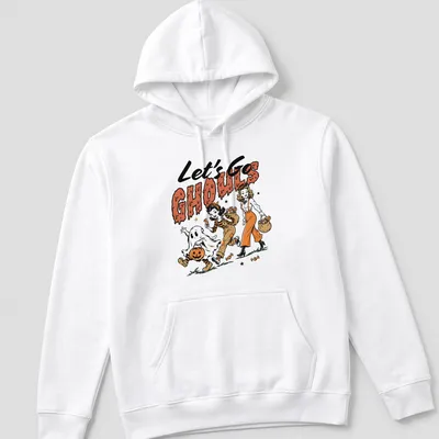 Vintage cartoon style t-shirt featuring cute Halloween girls and a ghost with the text Let's Go Ghouls — printed on a unisex hoodie